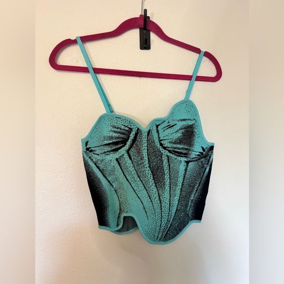 NWT PH5 Camellia Denim Print Tank Top Knit Corset Asymmetrical Blue Black Medium - Picture 6 of 12